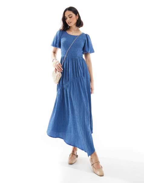 Threadbare - Midi jurk met pofmouwen in blauw - view 1