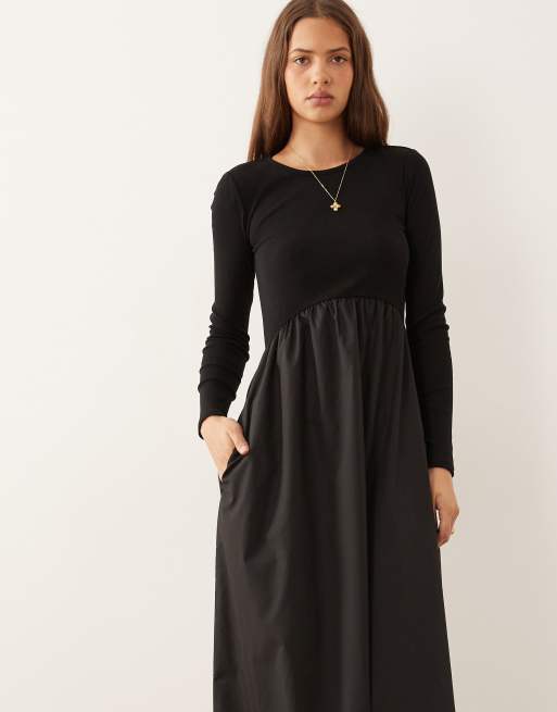 Threadbare - Midi jurk van jersey en popeline met lange mouwen in zwart, 2 van 4