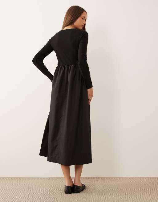 Threadbare - Midi jurk van jersey en popeline met lange mouwen in zwart, 3 van 4