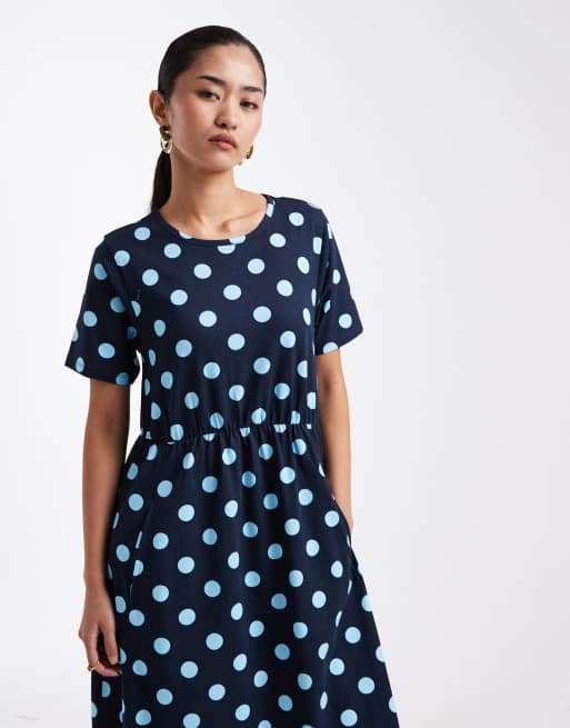 Threadbare - Midi jurk van jersey met korte mouwen en stippenprint in marineblauw en blauw, 2 van 4