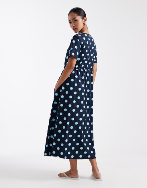 Threadbare - Midi jurk van jersey met korte mouwen en stippenprint in marineblauw en blauw, 4 van 4