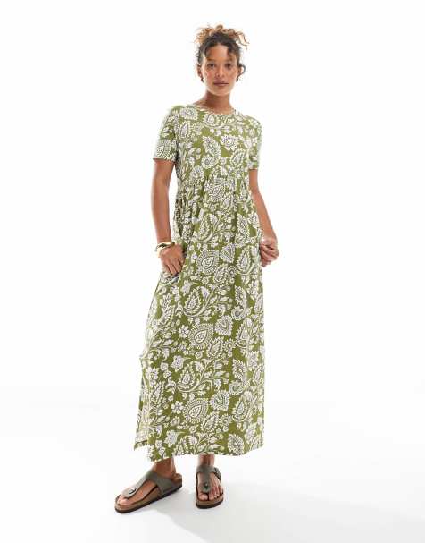 Threadbare - Midi-jurk van jersey met korte mouwen en verlaagde taille in kaki met paisley motief - view 1