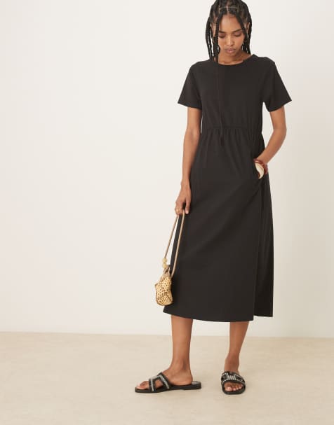 Threadbare - Midi jurk van jersey met korte mouwen en zakken in zwart - view 1