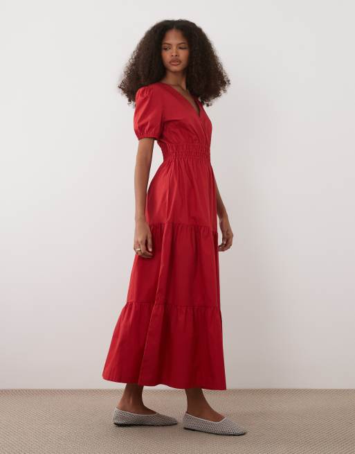 Threadbare - Midi jurk van katoenen popeline met V-hals, pofmouwen en stroken in rood, 2 van 4