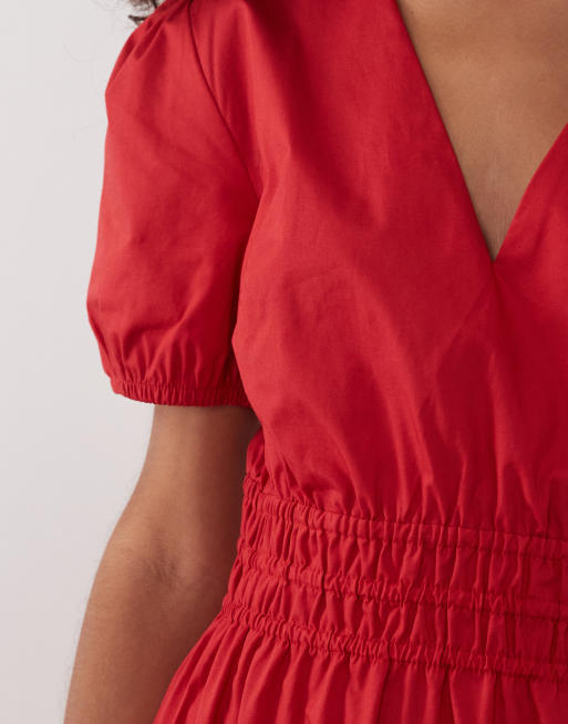 Threadbare - Midi jurk van katoenen popeline met V-hals, pofmouwen en stroken in rood, 3 van 4
