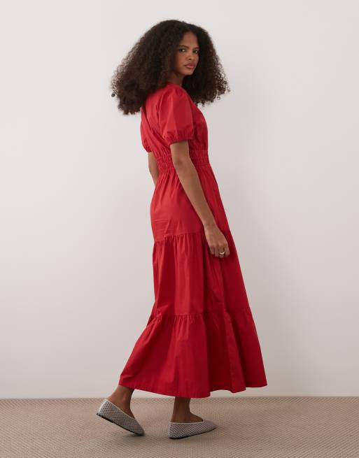 Threadbare - Midi jurk van katoenen popeline met V-hals, pofmouwen en stroken in rood, 4 van 4