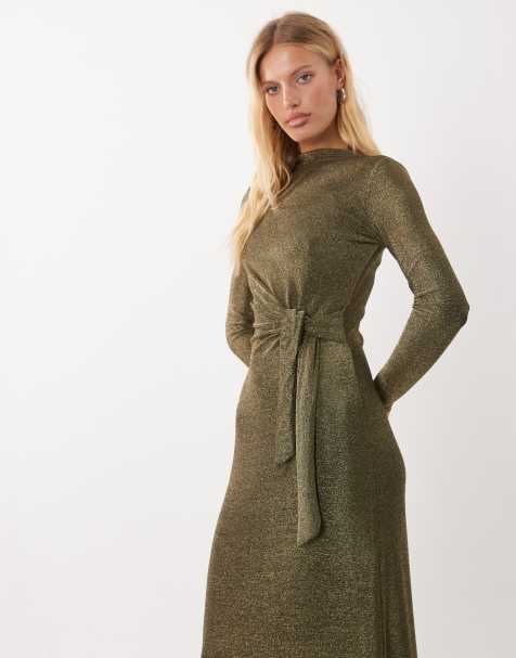 Threadbare midi-kjole med drapering, lange ærmer og knudedetalje i guld - view 1