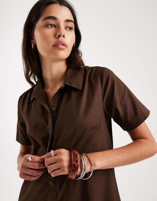 Threadbare - Midi overhemdjurk van poplin met stroken in chocoladebruin, 3 van 4
