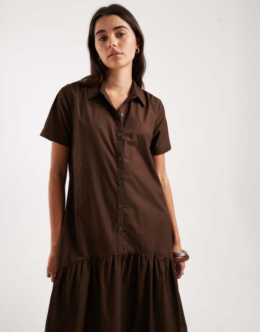 Threadbare - Midi overhemdjurk van poplin met stroken in chocoladebruin, 4 van 4