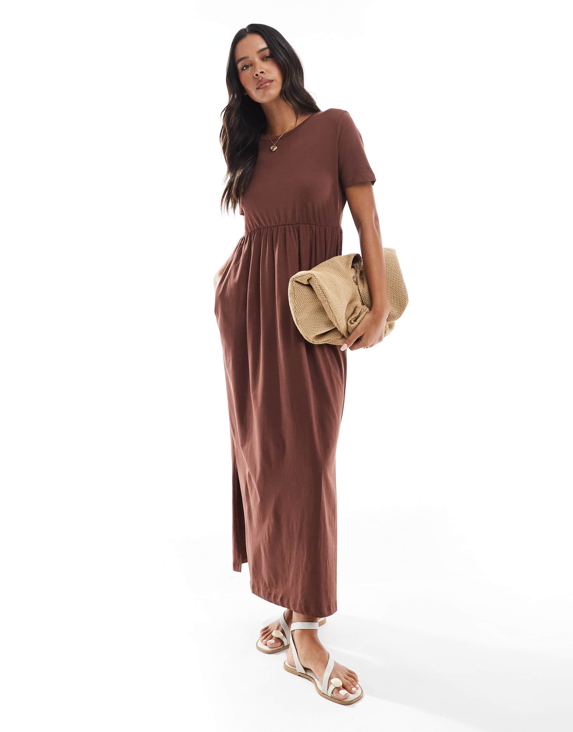 threadbare midi t-shirt dress with drop waist in chocolate brown