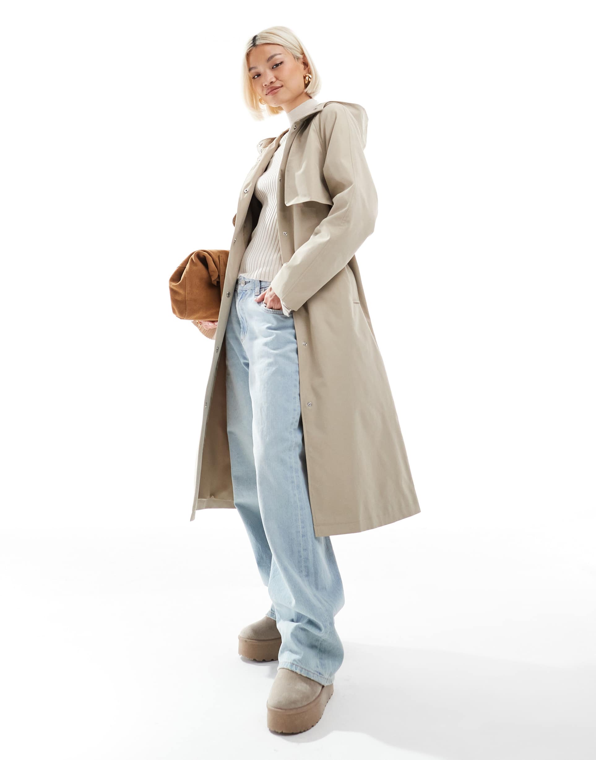 threadbare midi trench coat with belt in stone
