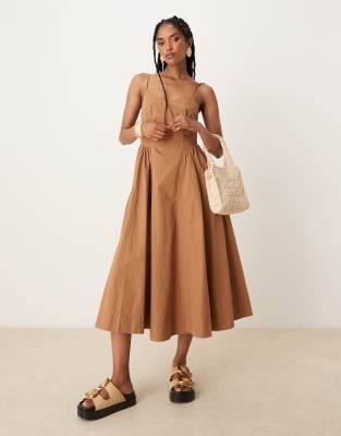 Threadbare - Midikleid aus Baumwolle in Braun mit hoch angesetzter Taille