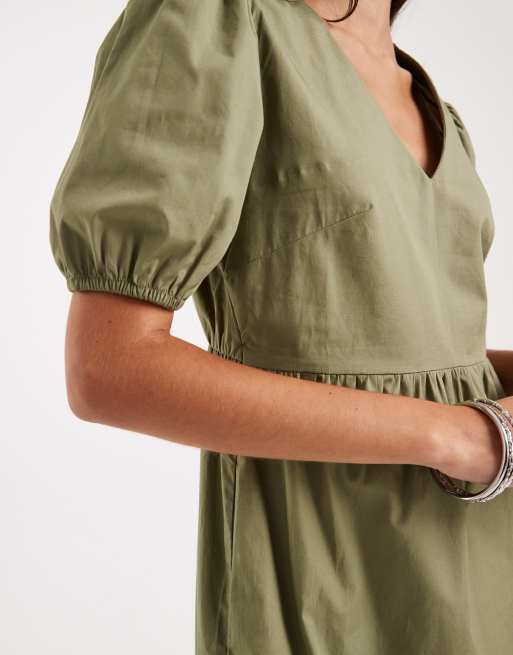 Threadbare – Midikleid aus Popeline in Olivgrün mit V-Ausschnitt und Puffärmeln, 2 von 4