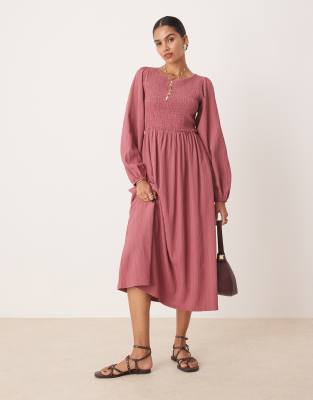 Threadbare - Midikleid in Rosa mit gesmokten Details und Puffärmeln