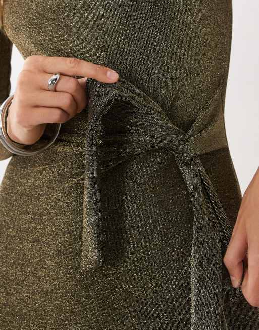 Threadbare Midikleid mit Drapierung, langen Ärmeln und Knotendetail in Gold, 3 von 4