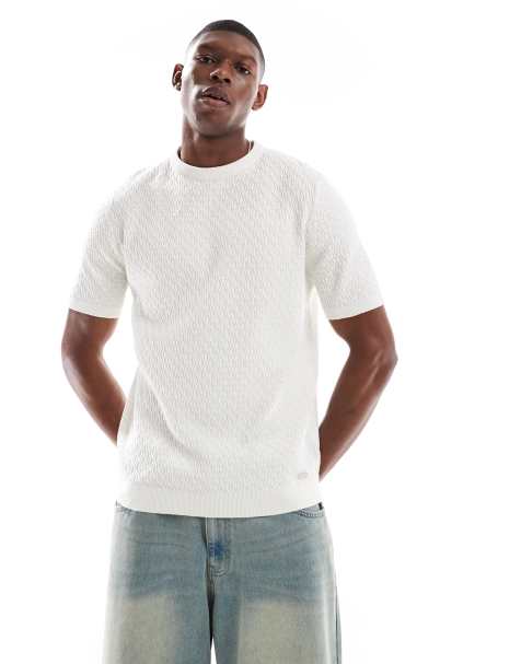 Threadbare Mini cable design knitted t-shirt in natural - view 1