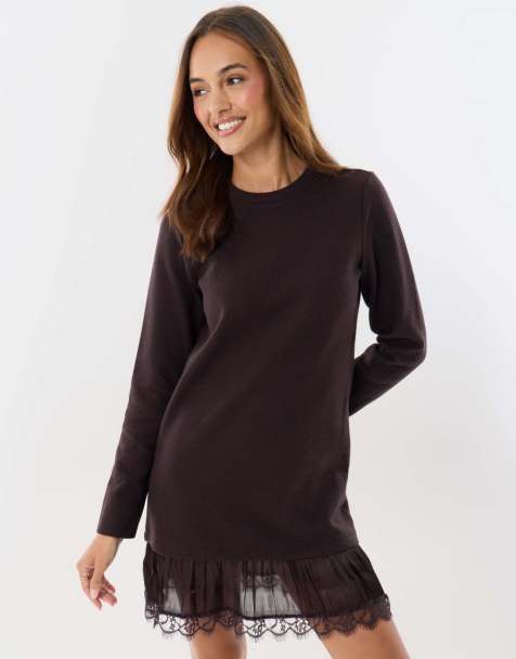 Threadbare Mini jumper dress with crinkle satin skirt in chocolate brown
