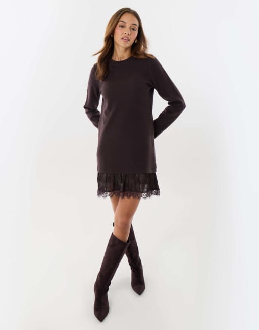 Threadbare Mini jumper dress with crinkle satin skirt in chocolate brown, 4 of 4