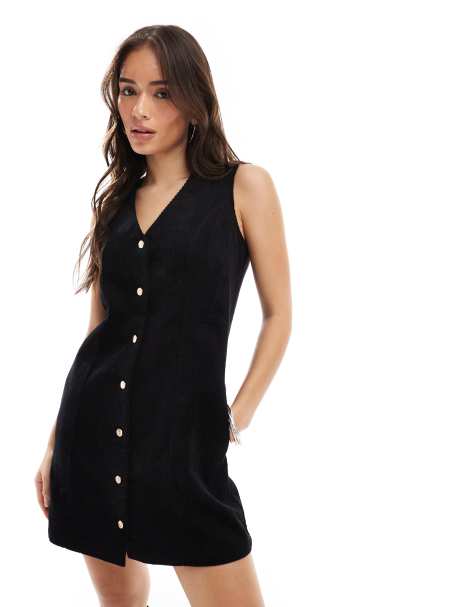 Threadbare - Mini jurk van corduroy met knoopsluiting in zwart - view 1