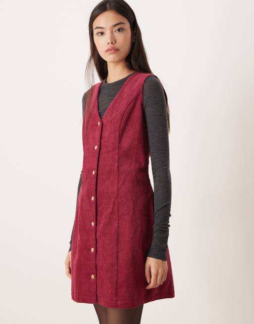 Threadbare - Mini-jurk van corduroy met knopen aan de voorkant in framboos , 4 van 4