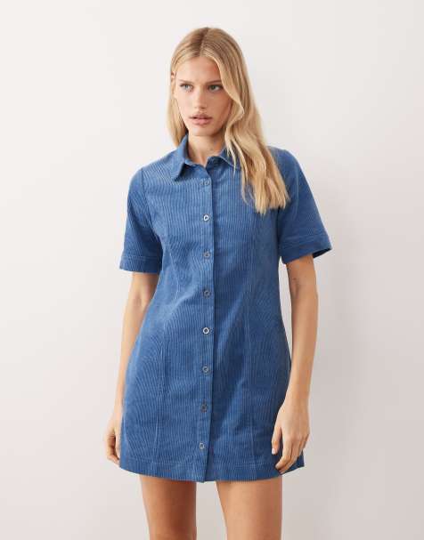 Threadbare - Mini-jurk van corduroy met korte mouwen in blauw - view 1