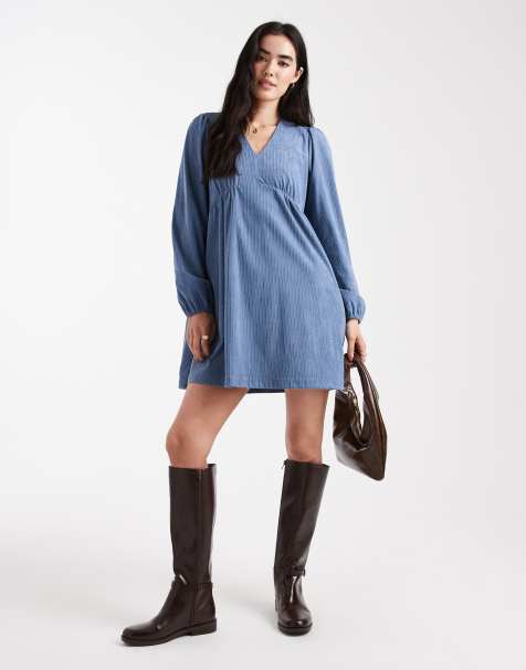 Threadbare - Mini jurk van corduroy met lange mouwen in blauw - view 1