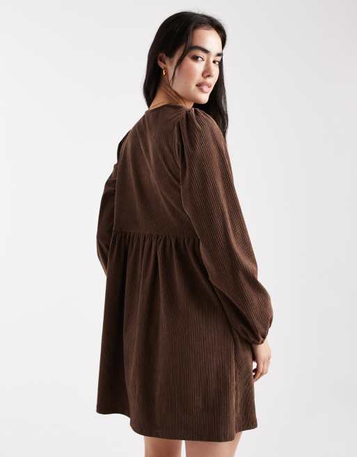 Threadbare - Mini jurk van corduroy met lange mouwen in chocoladebruin, 4 van 4