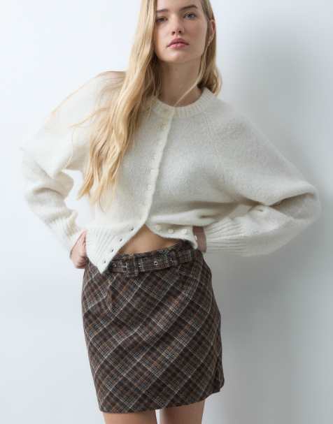 Threadbare mini skirt with belt in brown check - view 1