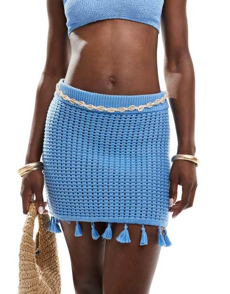Threadbare - Minigonna blu confetto all'uncinetto con nappe - view 1