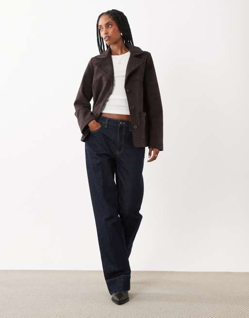Threadbare – Mittellange Jacke aus Wildlederimitat in Schokobraun mit Knopfleiste, 2 von 4