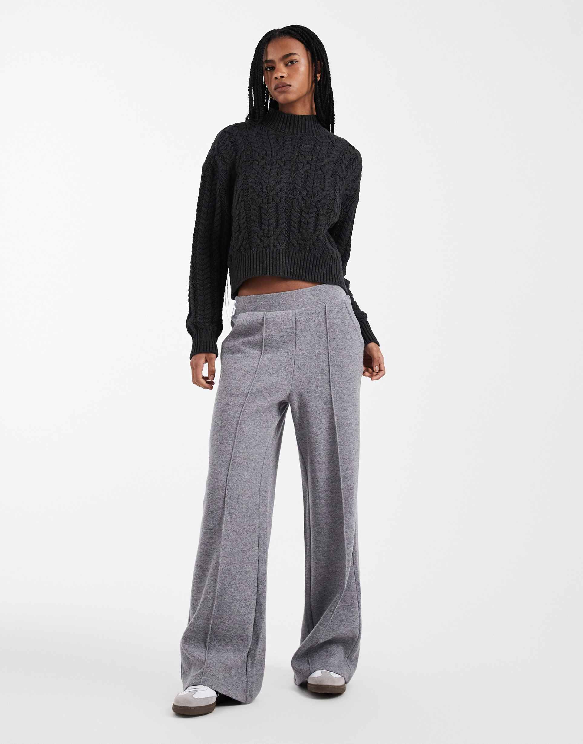 threadbare mock knit wide leg sweatpants with seam detail in gray
