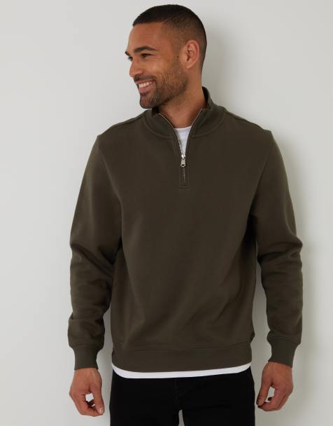 Threadbare Mock t-shirt quarter zip sweatshirt in khaki - view 1