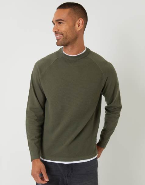 Threadbare Mock tee textured knit crew neck jumper in khaki - view 1