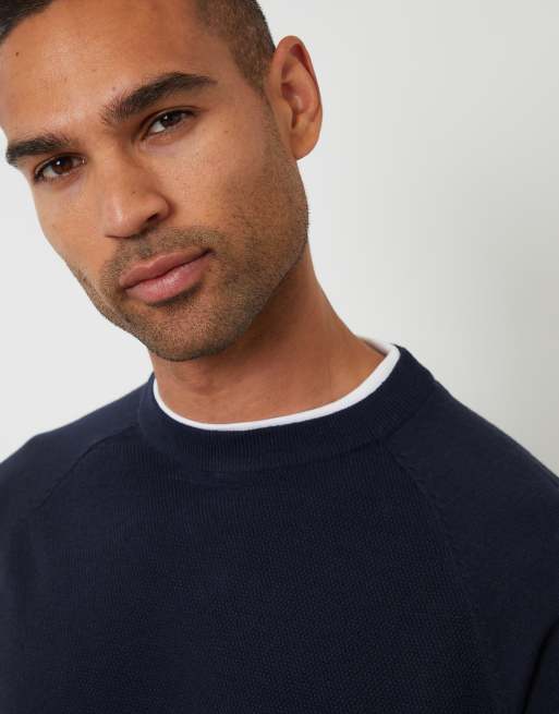 Threadbare Mock tee textured knit crew neck jumper in navy, 3 of 4