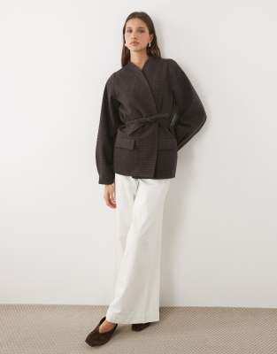 Threadbare Mock Wool Collarless Belted Blazer In Gray