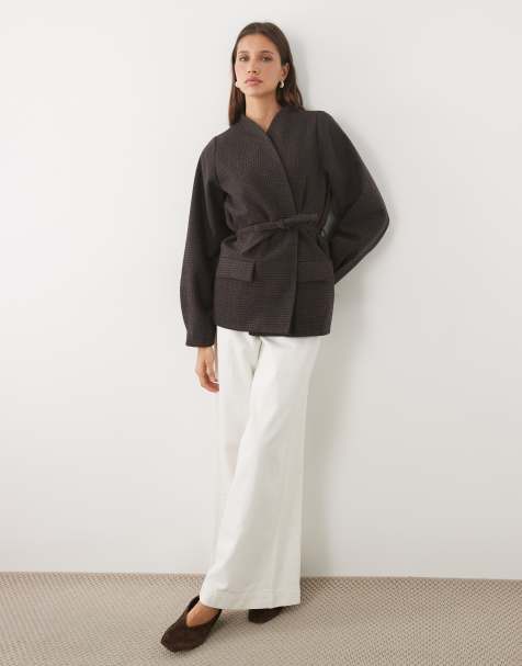 Threadbare mock wool collarless belted blazer in brown and blue herringbone - view 1