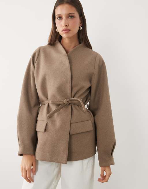 Threadbare mock wool collarless belted blazer in tan, 2 of 4
