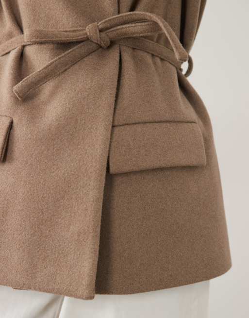 Threadbare mock wool collarless belted blazer in tan, 3 of 4