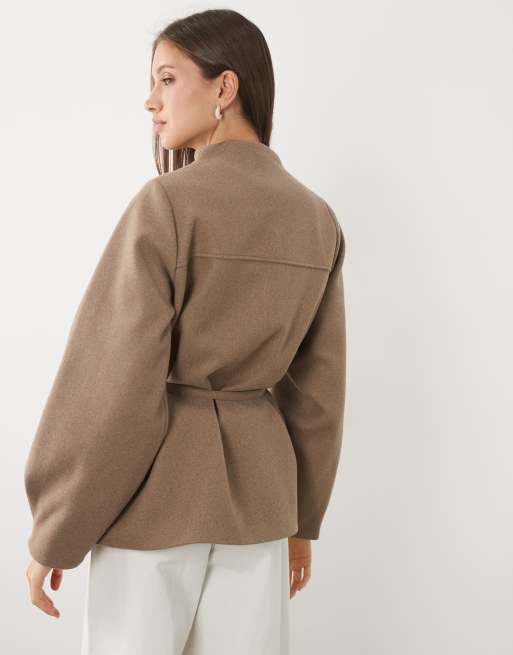 Threadbare mock wool collarless belted blazer in tan, 4 of 4