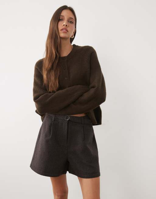 Threadbare mock wool shorts in brown & blue herringbone, 3 of 5