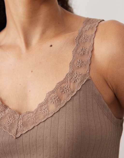 Threadbare – Mockabrun, pointellestickad pyjamas med linne och byxor med rullfåll, 2 av 4