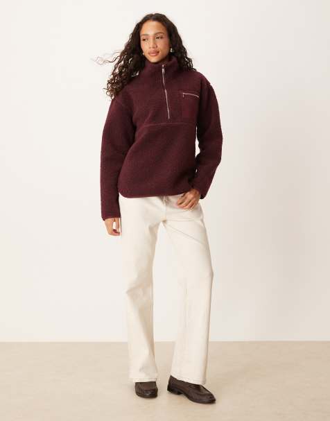 Threadbare – Mörkröd tröja i teddyfleece med 1/4-lång dragkedja och ficka - view 1