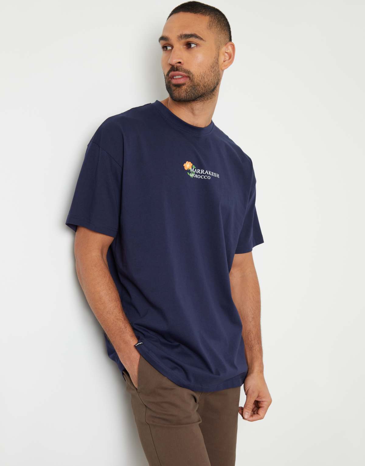 Threadbare 'morocco' floral graphic print oversized cotton t-shirt in navy