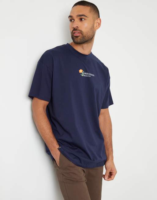 Threadbare 'morocco' floral graphic print oversized cotton t-shirt in navy
