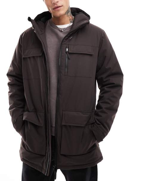 Threadbare multi pocket parka jacket in brown - view 1