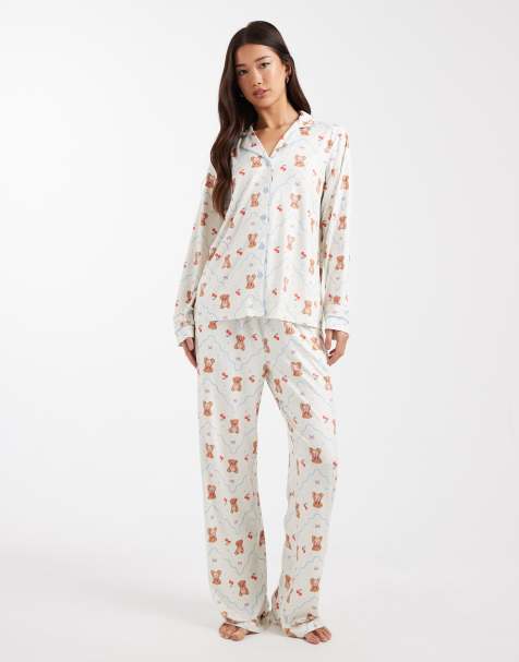 Threadbare – Naturvit och blå, supermjuk pyjamas med knäppning och nallebjörnstryck - view 1