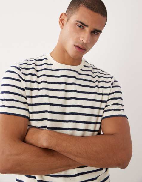 Threadbare – Naturvit och marinblårandig t-shirt med kantrand - view 1