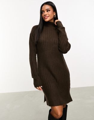Threadbare Naveah roll neck ribbed mini jumper dress in chocolate brown