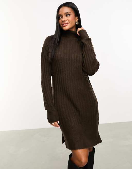 Threadbare Naveah roll neck ribbed mini jumper dress in chocolate brown ...