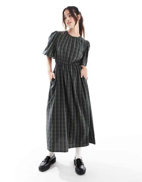 Threadbare navy check midi dress with puff sleeves - view 1